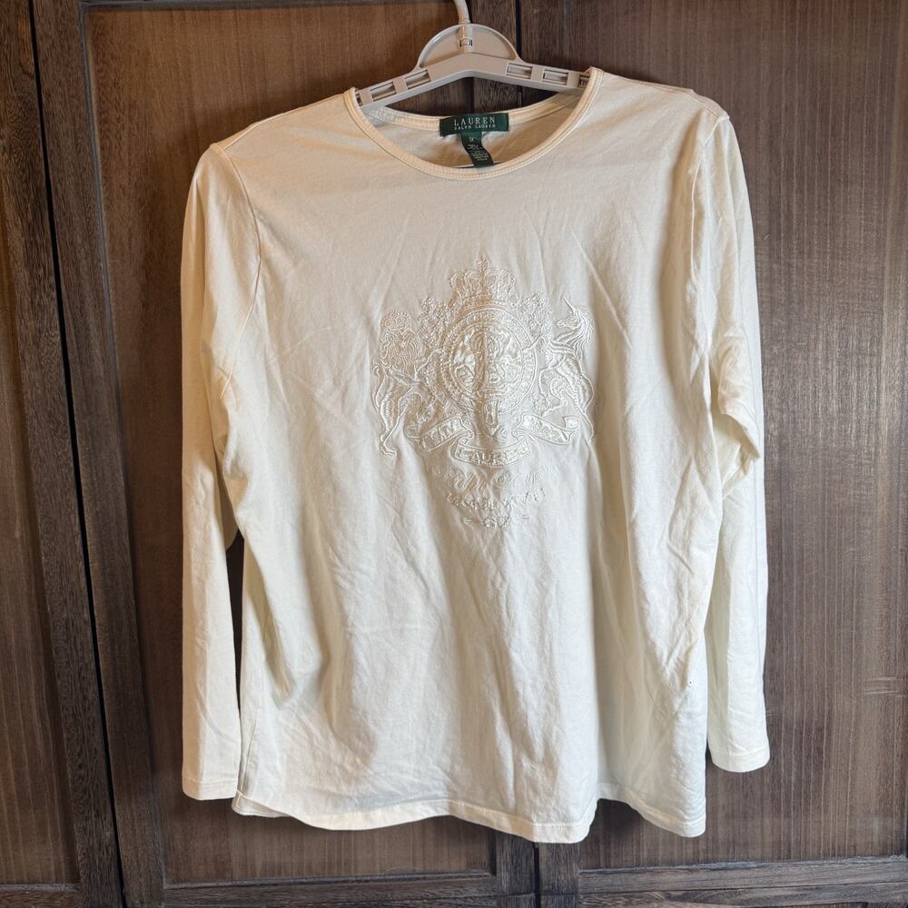 Lauren Ralph Lauren Women's XL Ivory Beaded Embroidered Crest Long Sleeve Top